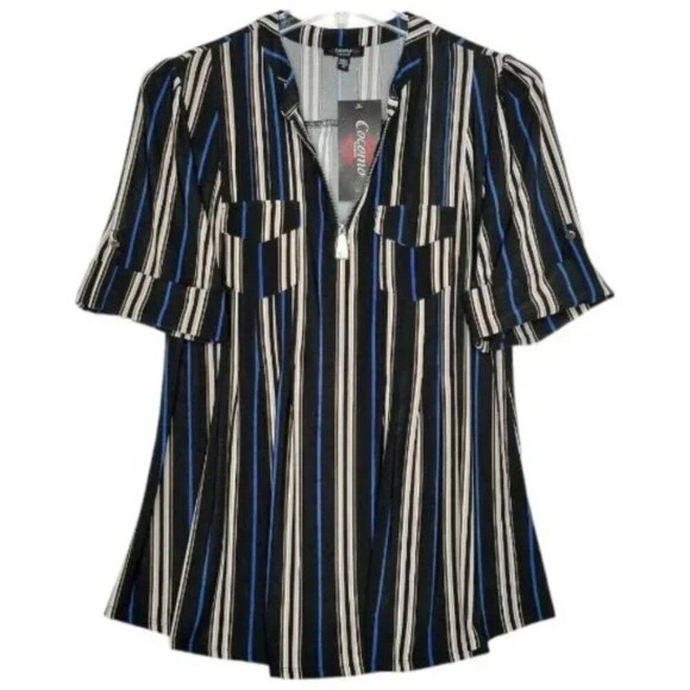 Cocomo Women's Plus Size 2X Black Multi Stripe Print Pintuck Short Sleeve Top